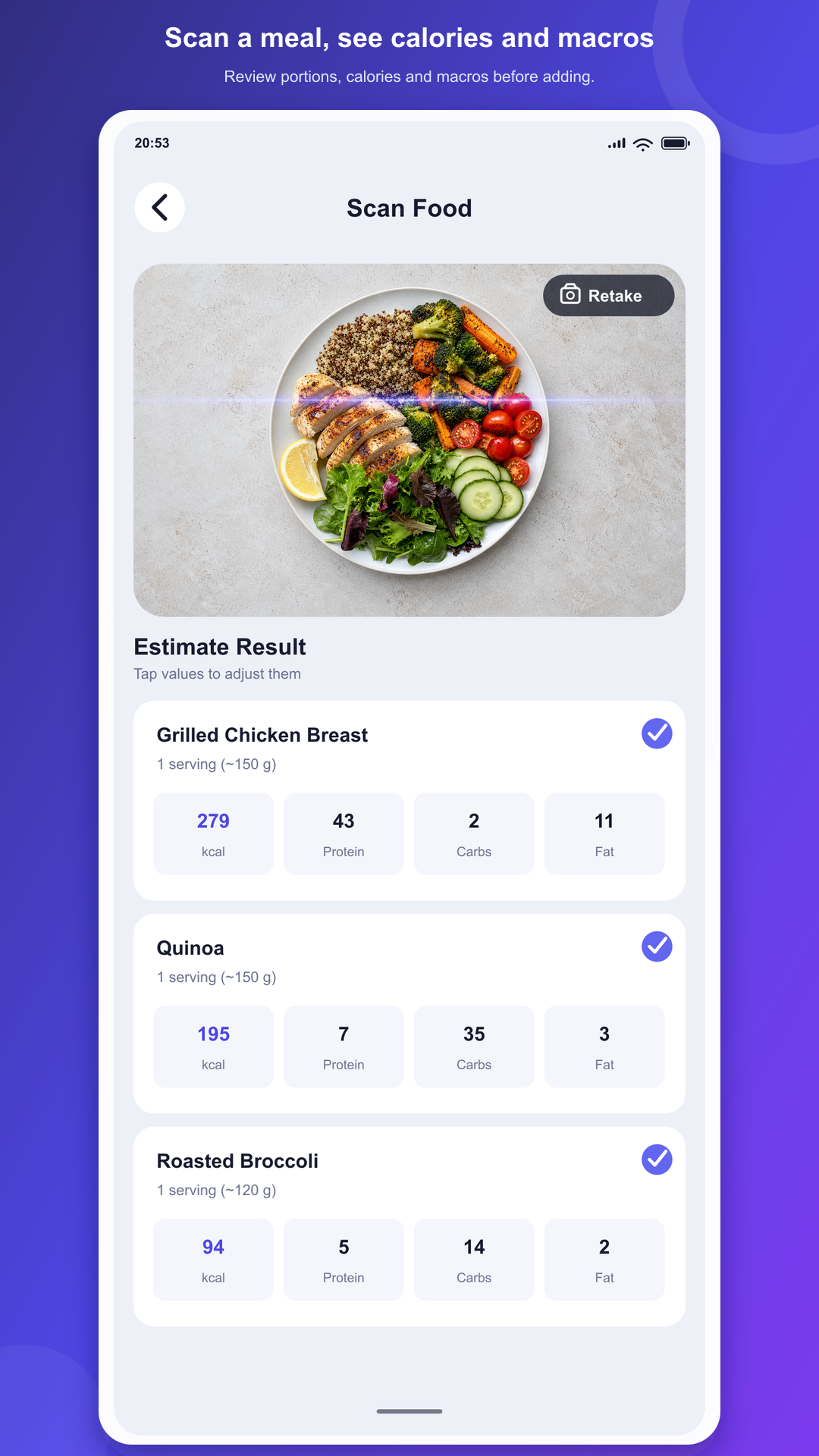 CalorieSignal meal scan and nutrition estimate screen