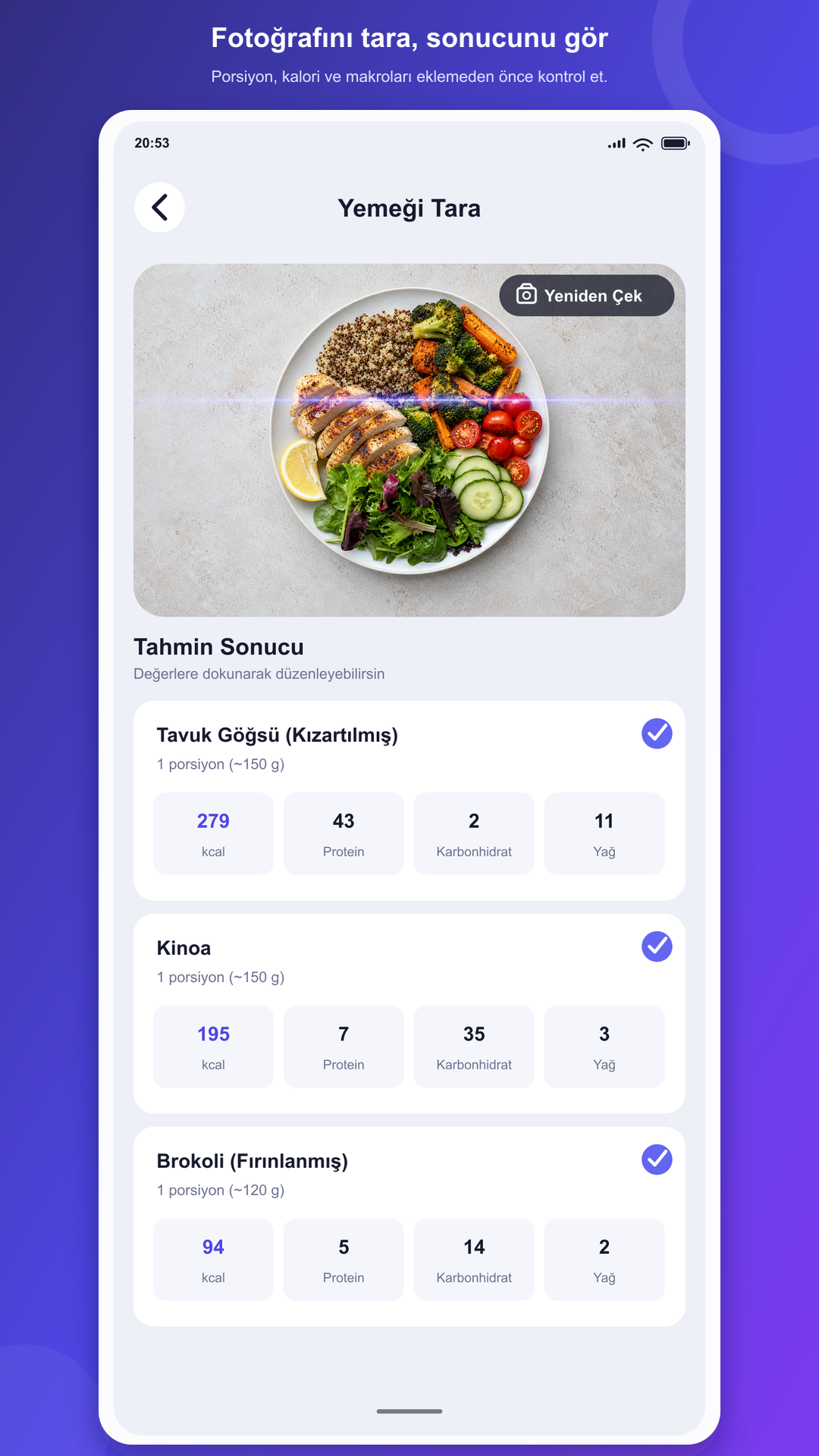 CalorieSignal yemek tarama ve besin tahmini ekranı